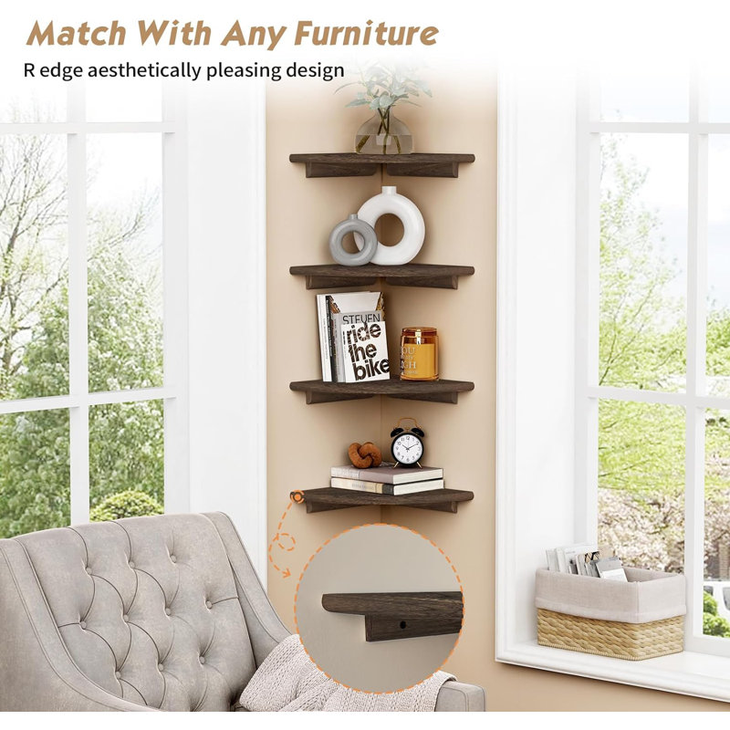 Loon Peak Floating Corner Shelves For Wall Set Of 4 Small Corner Bookshelf For Bedroom Books Round Wooden Corner Shelf Wall Mount Dark Brown Wayfair